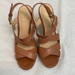 Vince Camuto, cognac leather strap, wedges sandals